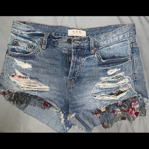 Distressed Floral Denim Shorts